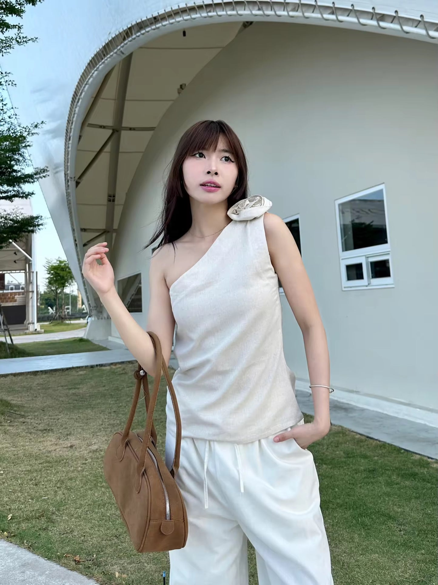 khaki half shoulder top