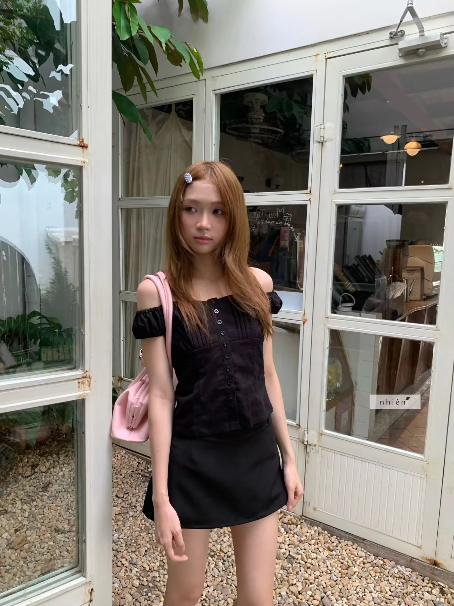 Black buttons off shoulder top