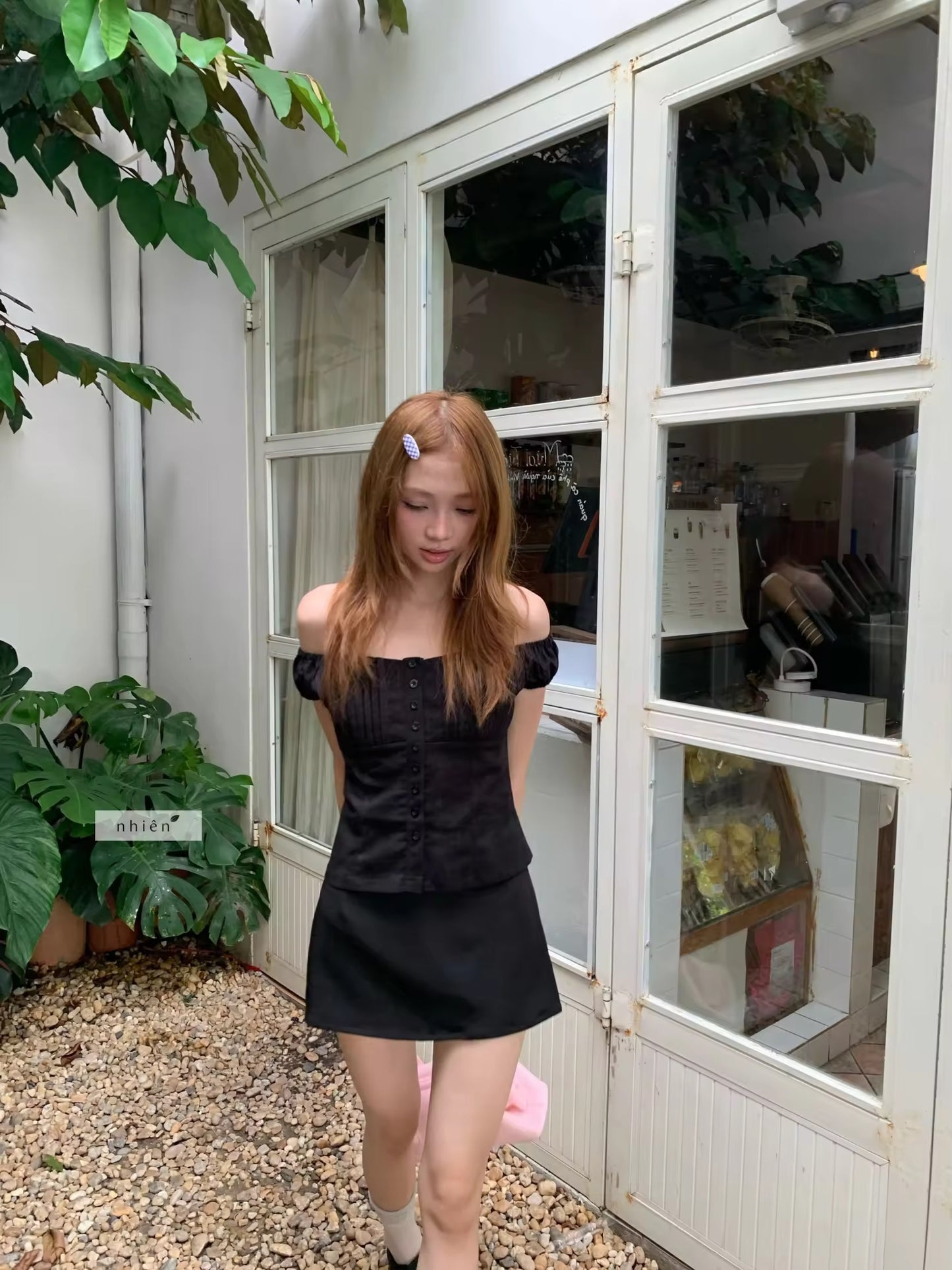 Black buttons off shoulder top