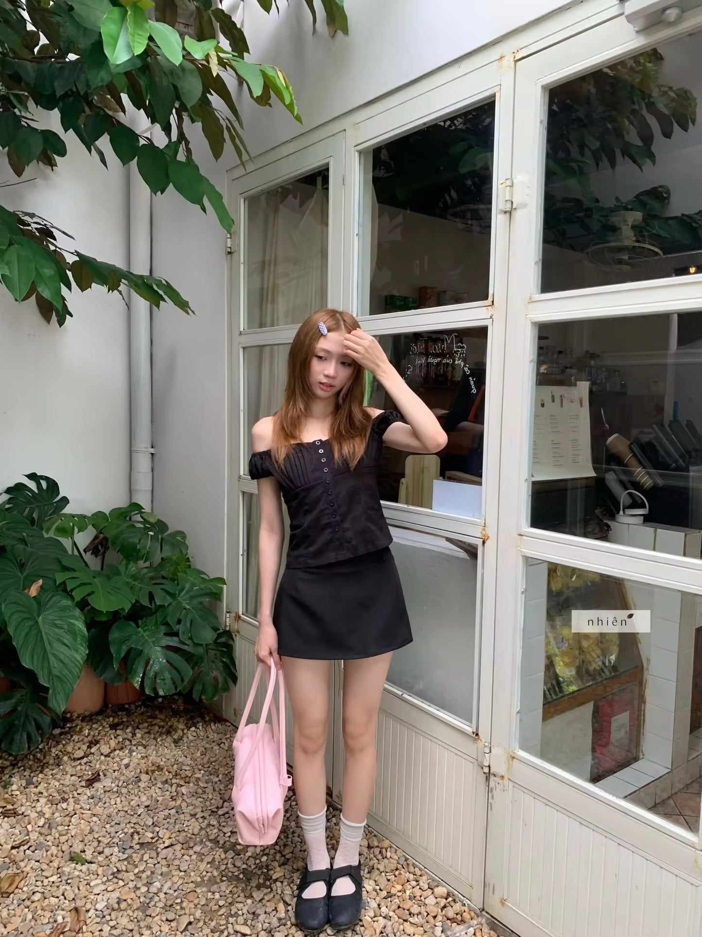 Black buttons off shoulder top