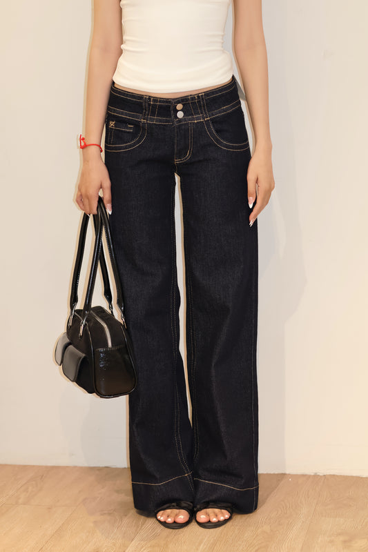 Double buttoned flared denim jeans