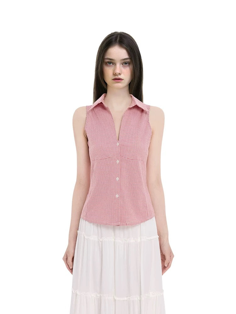 RED GINGHAM SLEEVELESS BLOUSE