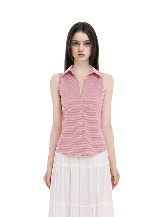 RED GINGHAM SLEEVELESS BLOUSE