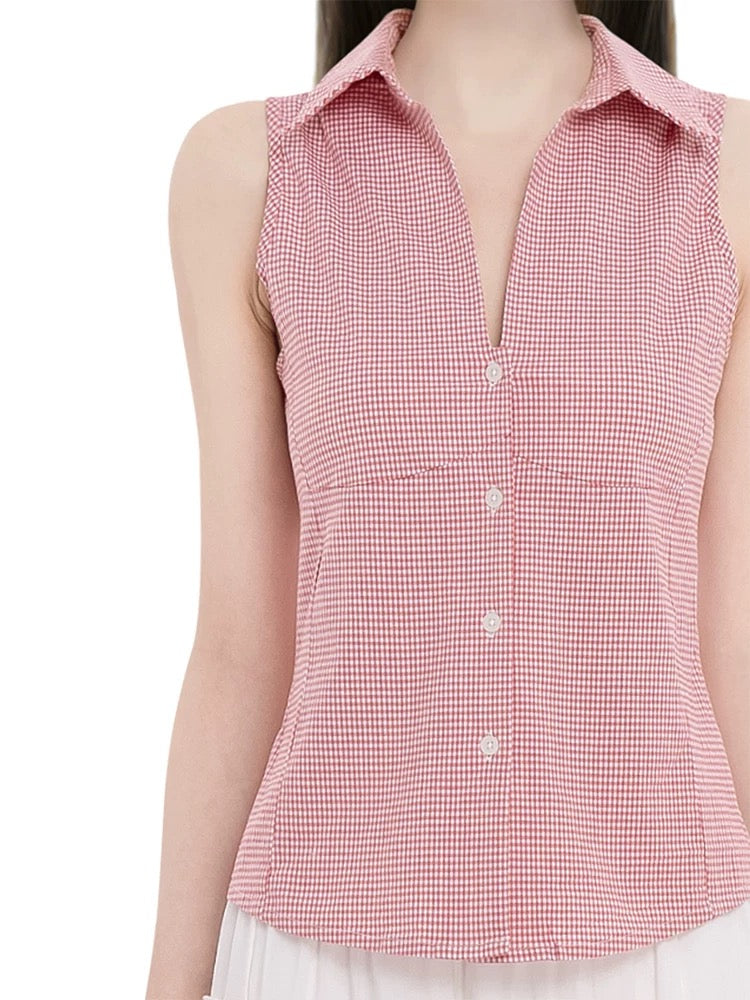 RED GINGHAM SLEEVELESS BLOUSE