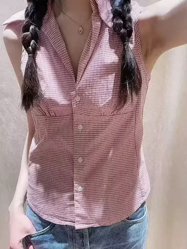RED GINGHAM SLEEVELESS BLOUSE