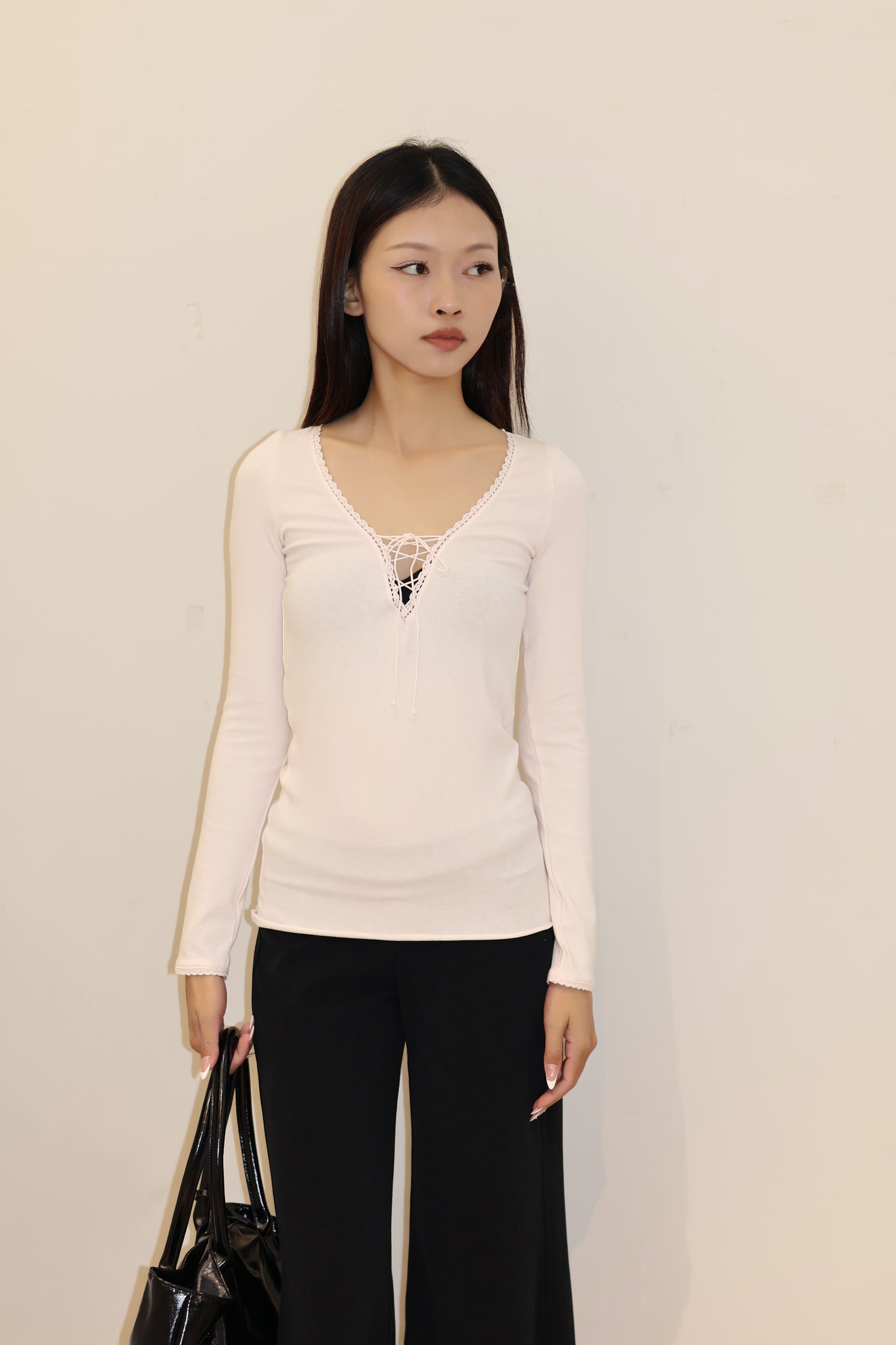 LACE TIED V NECK LONG SLEEVE PINK