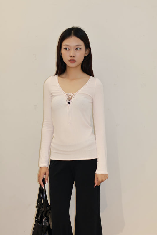 LACE TIED V NECK LONG SLEEVE PINK