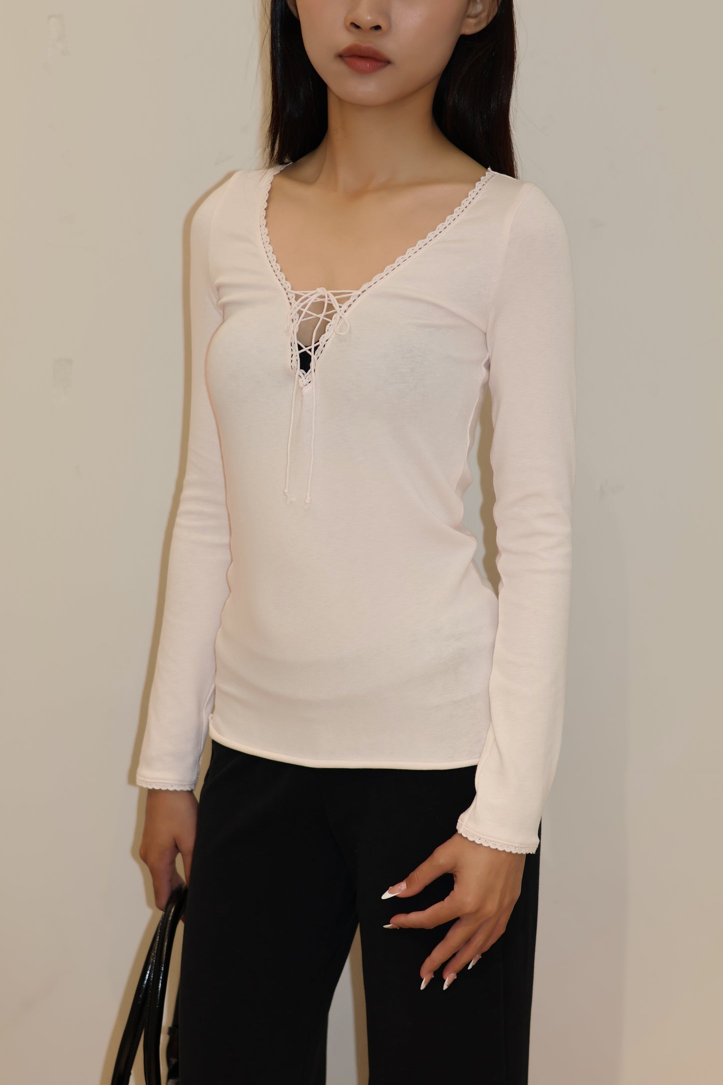 LACE TIED V NECK LONG SLEEVE PINK