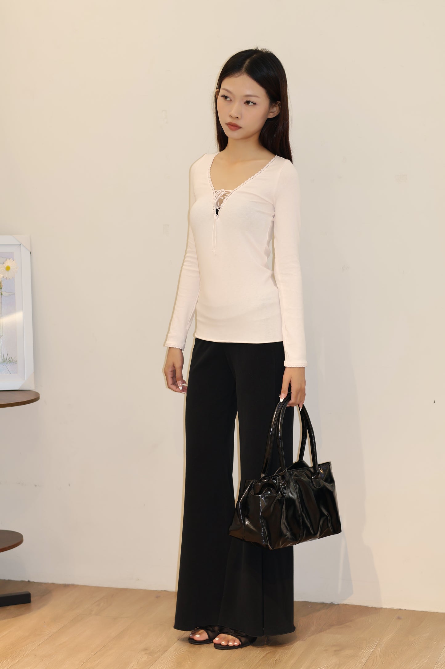LACE TIED V NECK LONG SLEEVE PINK