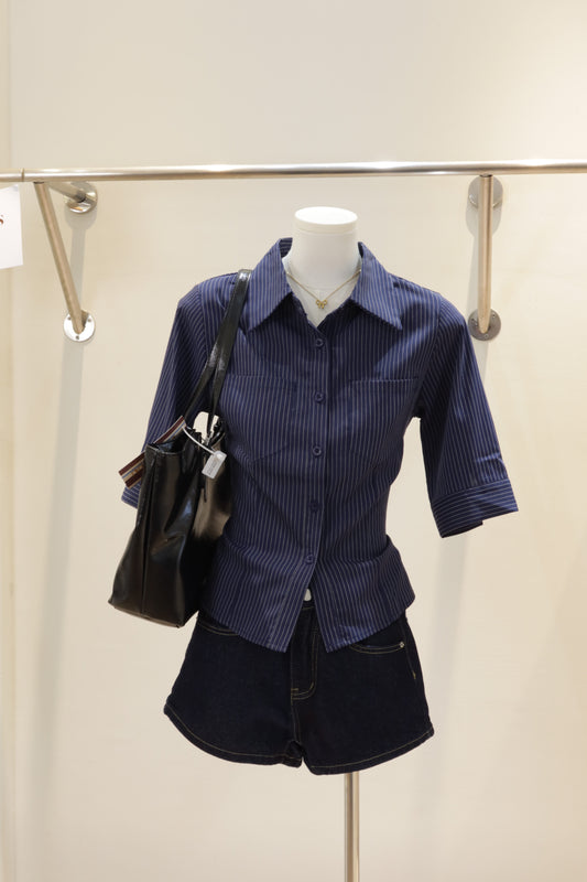 OS: BLUE STRIPED MID SLEEVE BLOUSE