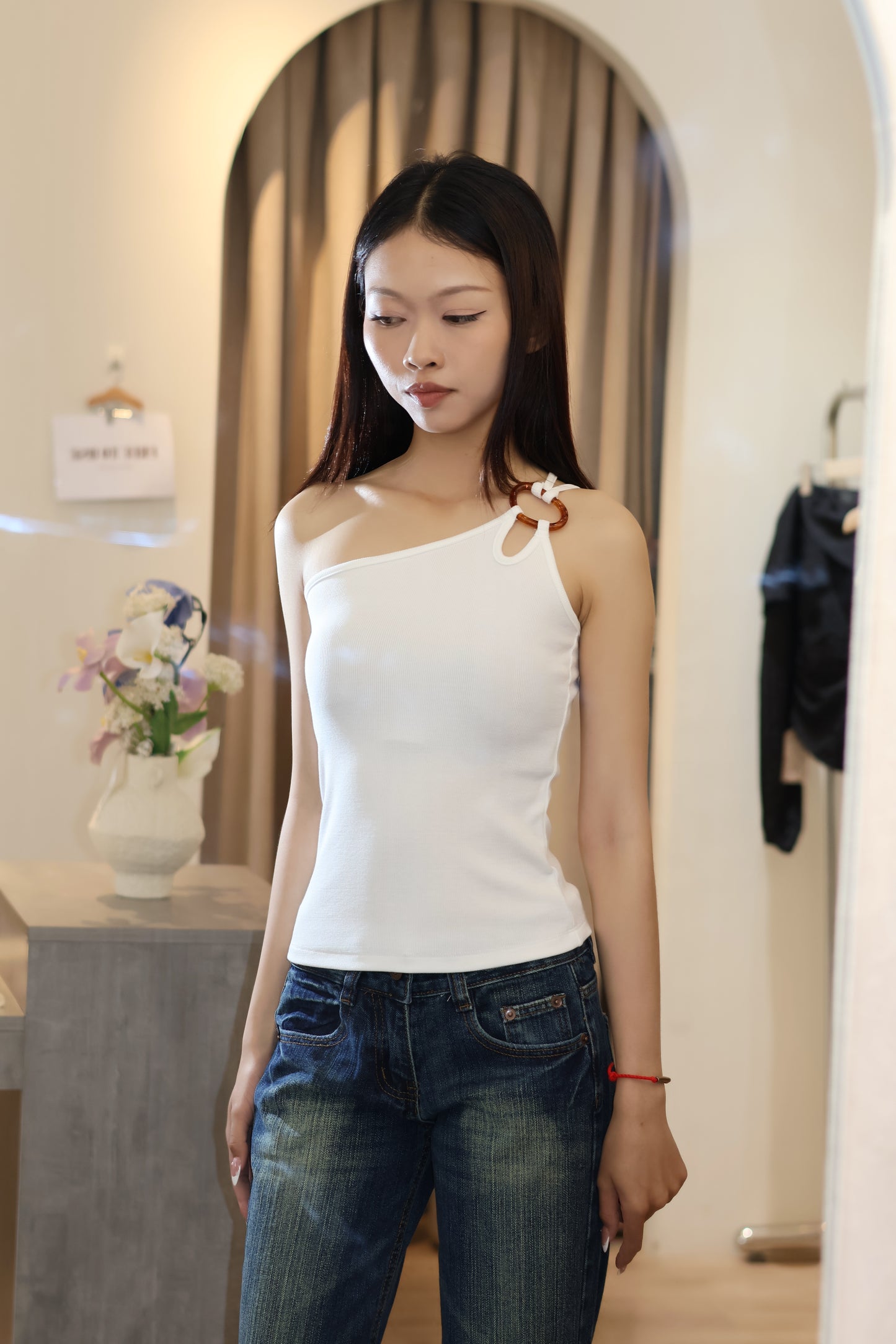 SUMMER HALF SHOULDER BUCKLED TOP