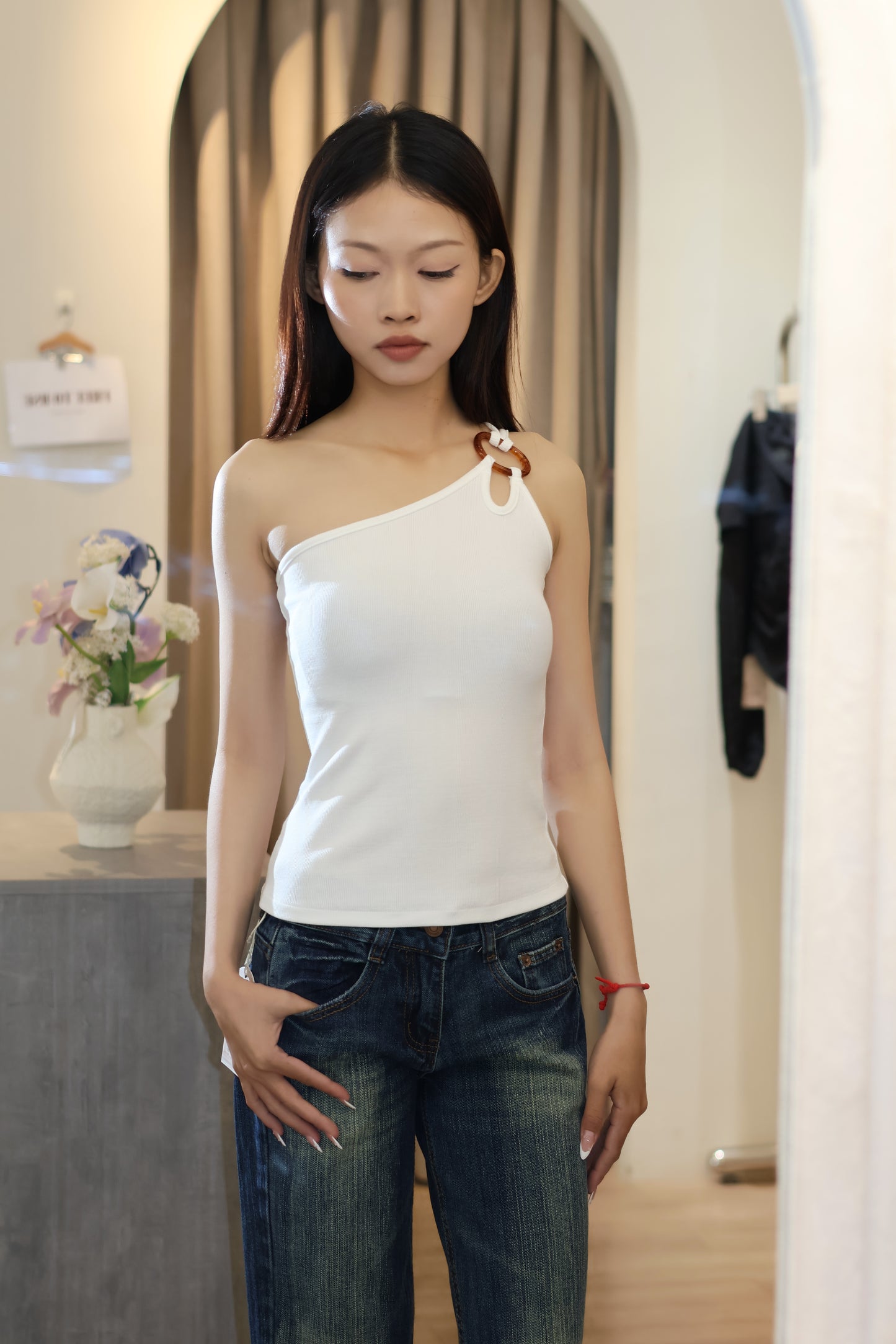 SUMMER HALF SHOULDER BUCKLED TOP