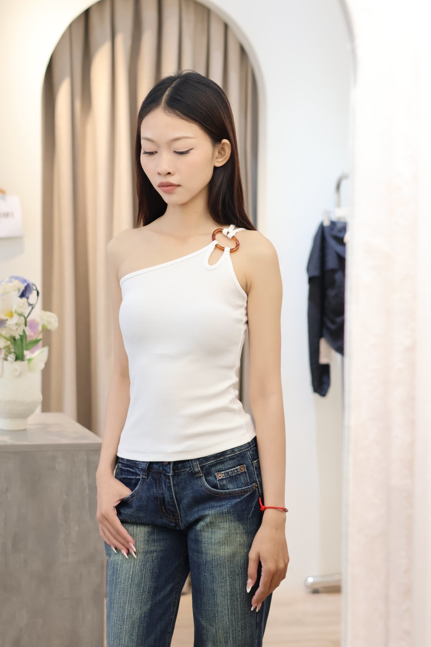 SUMMER HALF SHOULDER BUCKLED TOP