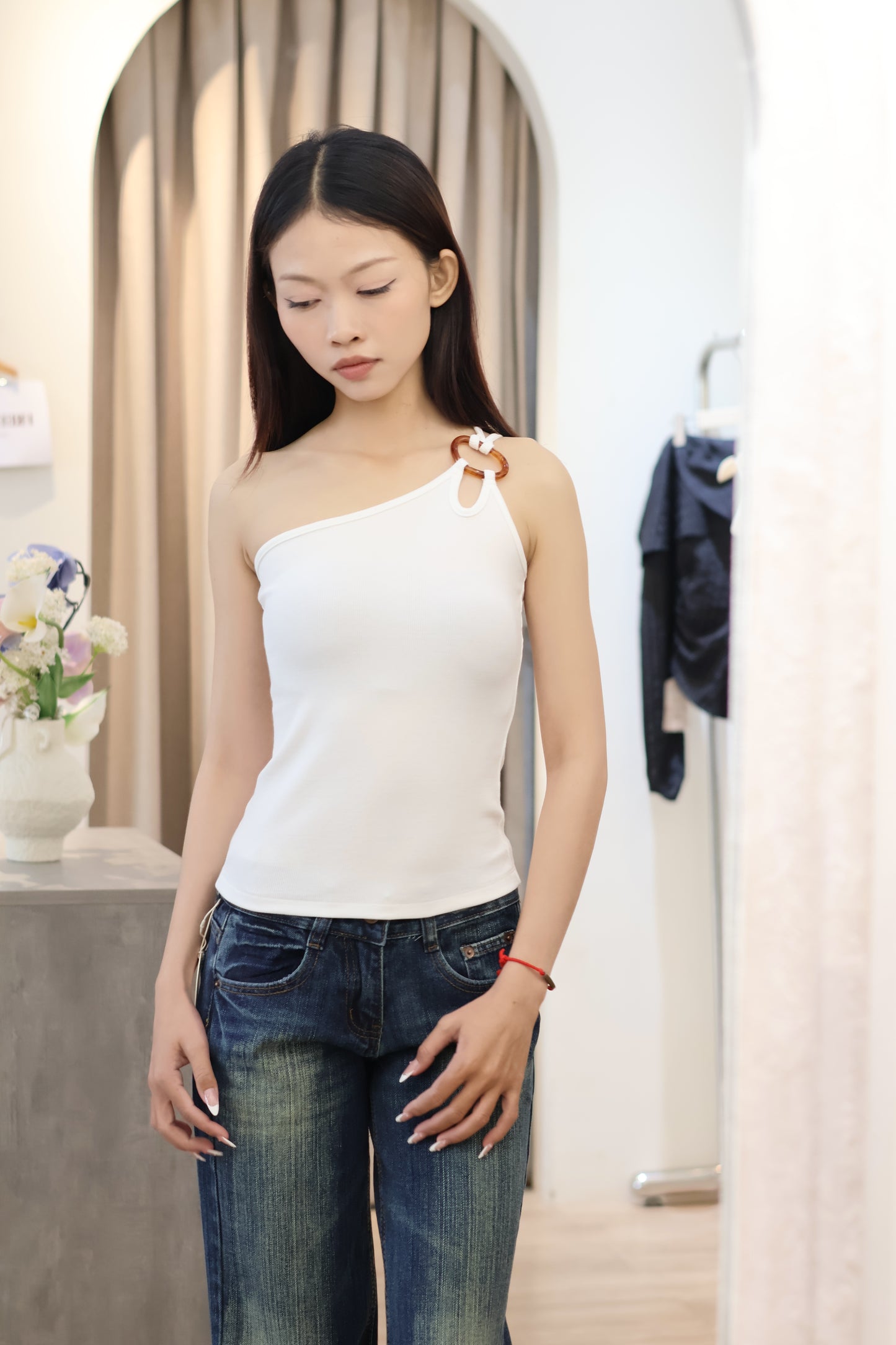 SUMMER HALF SHOULDER BUCKLED TOP