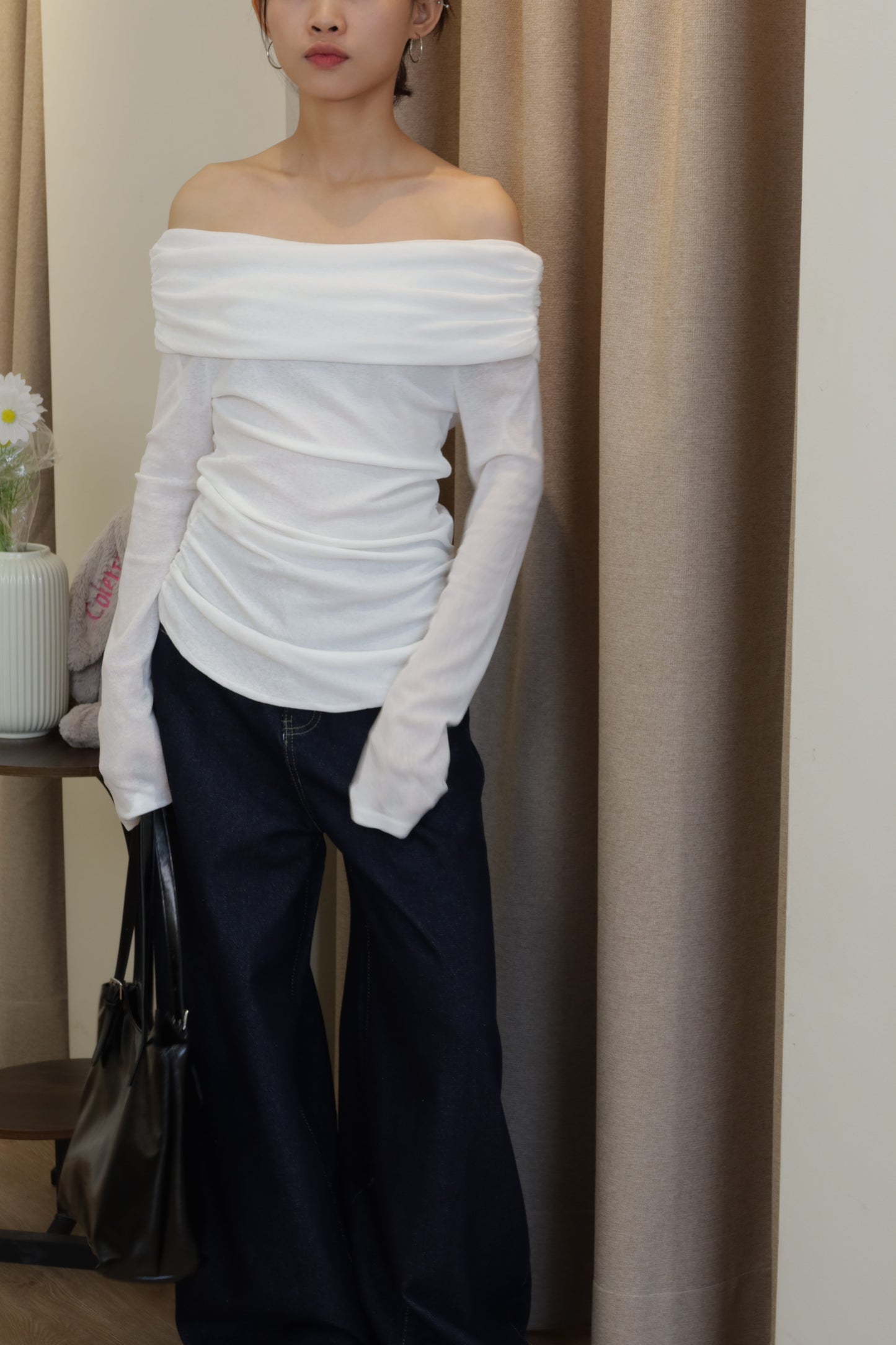White mesh long sleeve off shoulder