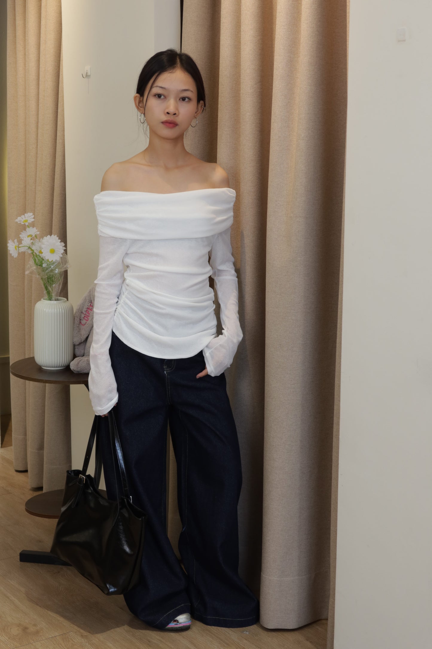 White mesh long sleeve off shoulder
