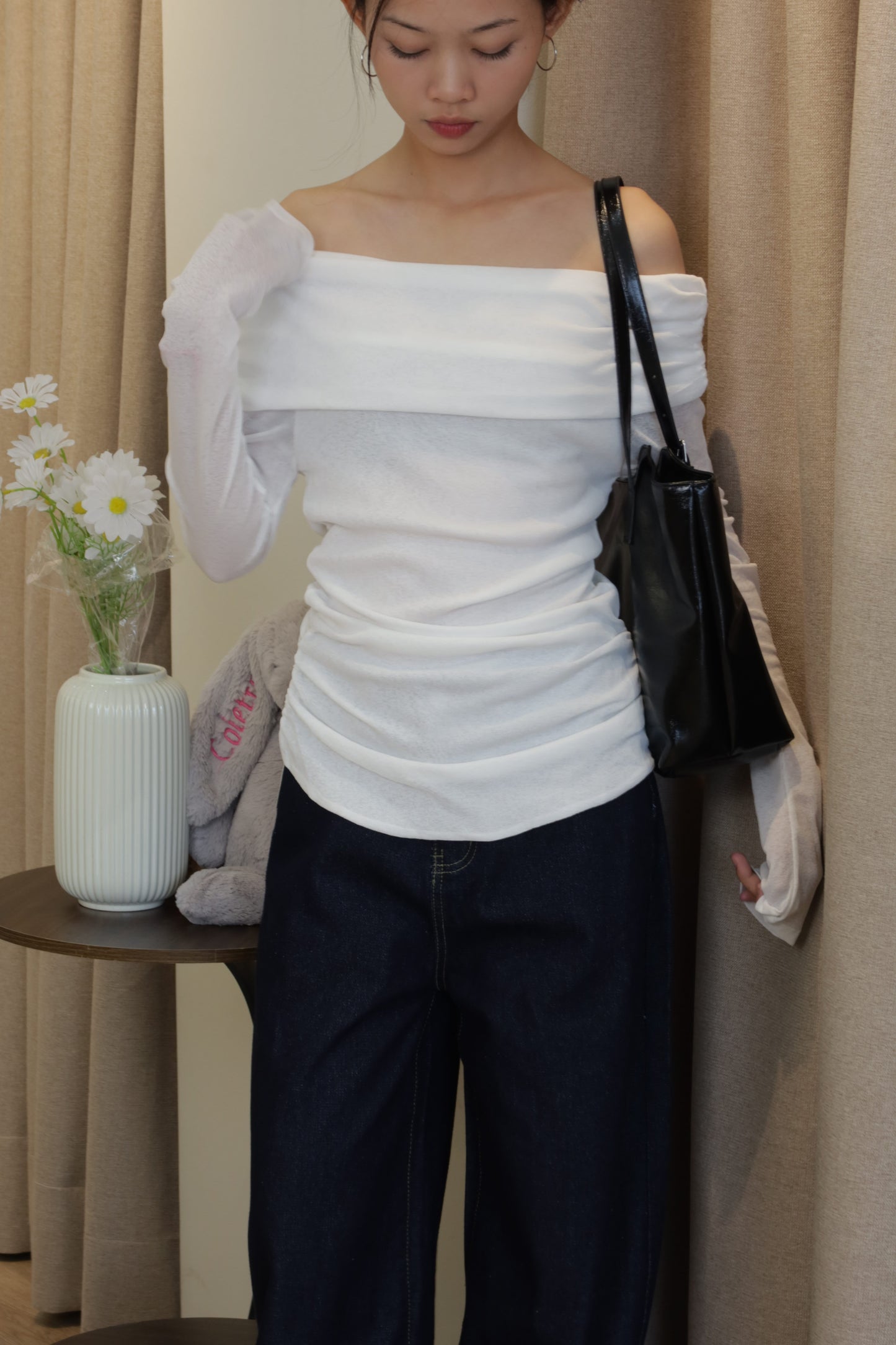 White mesh long sleeve off shoulder