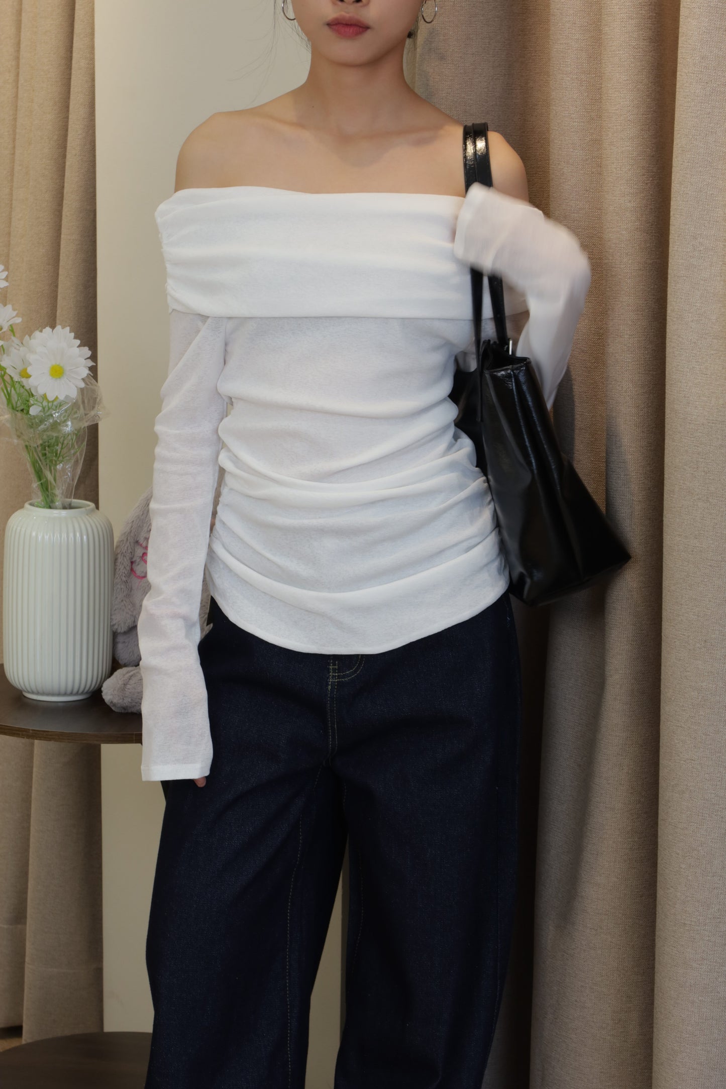 White mesh long sleeve off shoulder