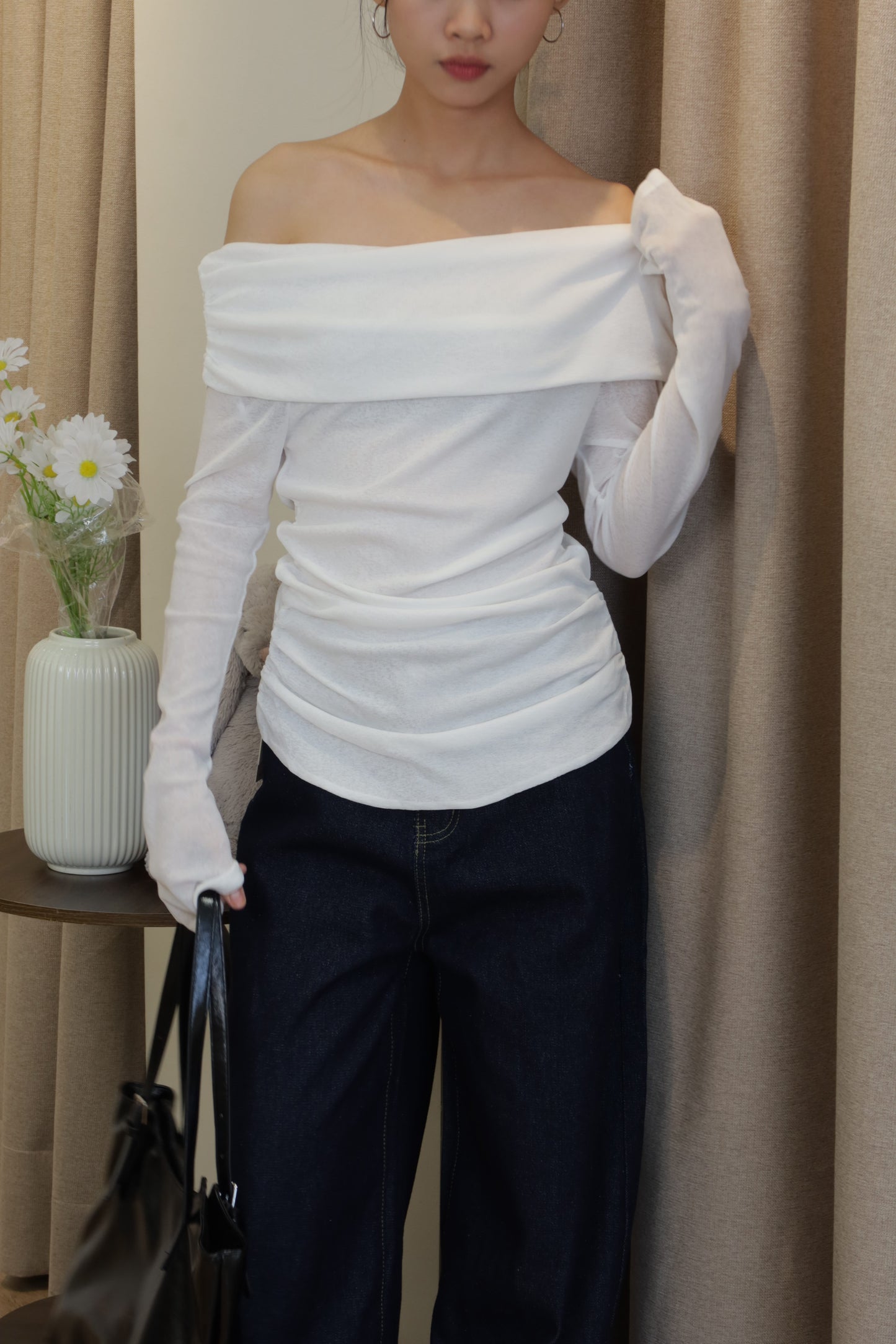 White mesh long sleeve off shoulder