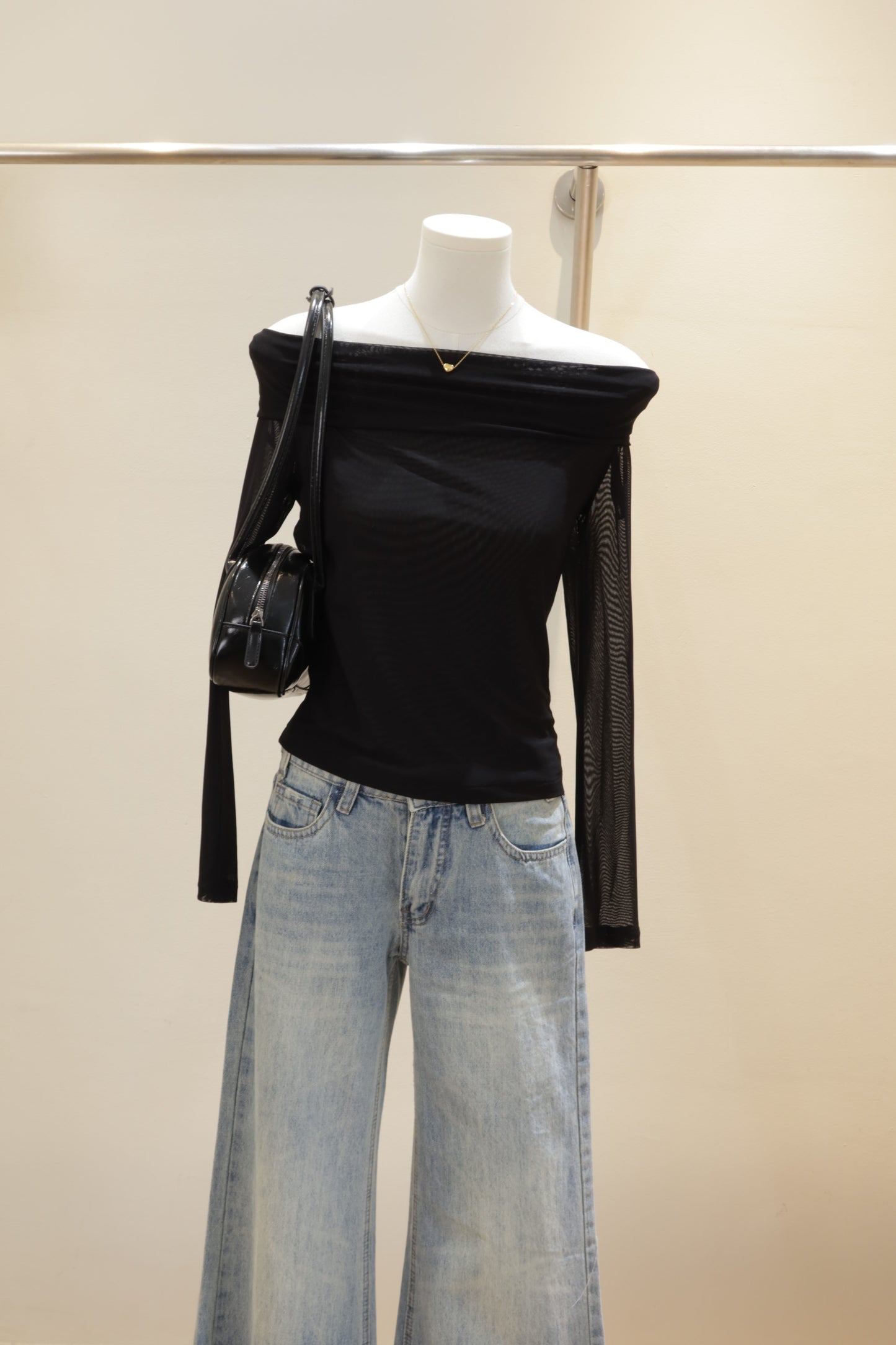 black mesh long sleeve off shoulder