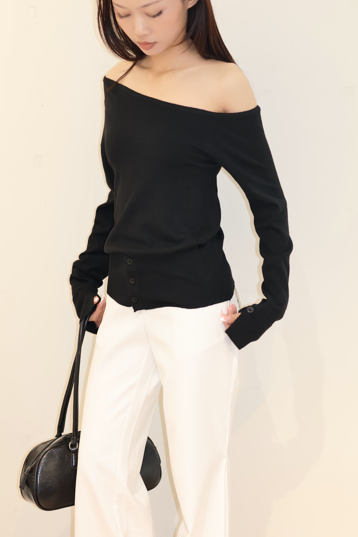 HALF SHOULDER WAIST CINCH TOP
