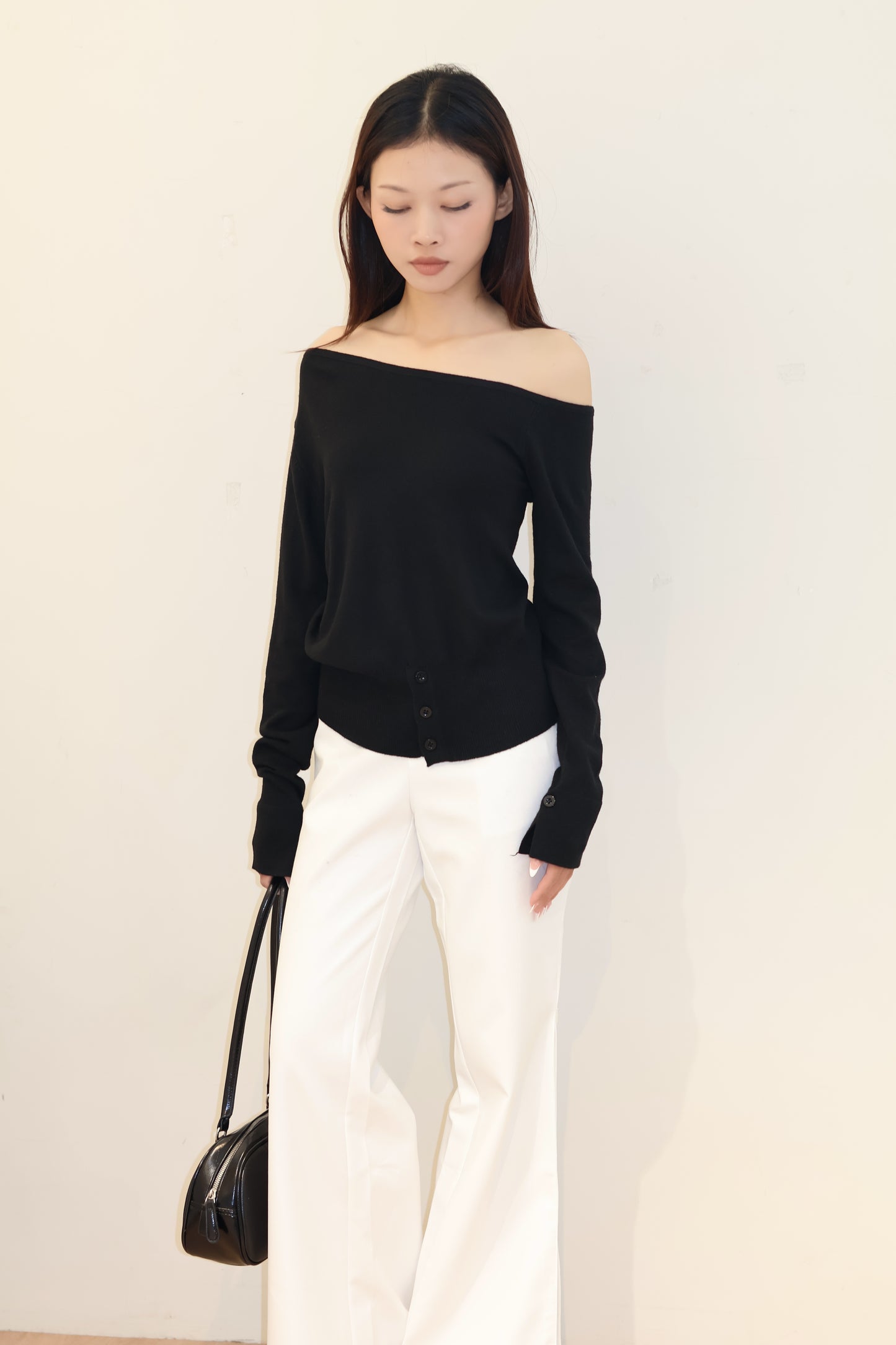 HALF SHOULDER WAIST CINCH TOP