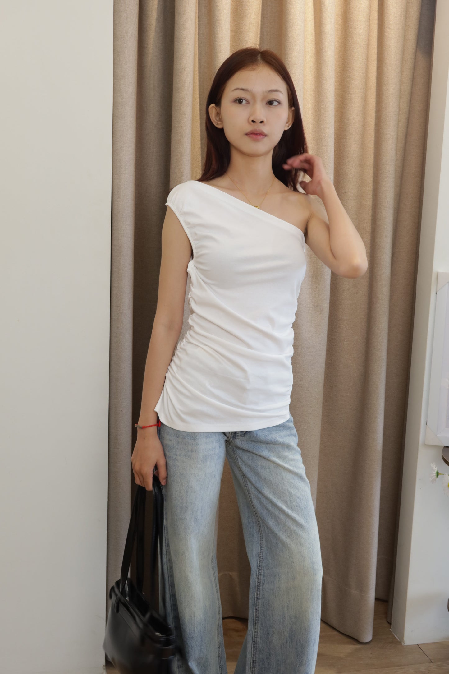 White waist cinch off shoulder