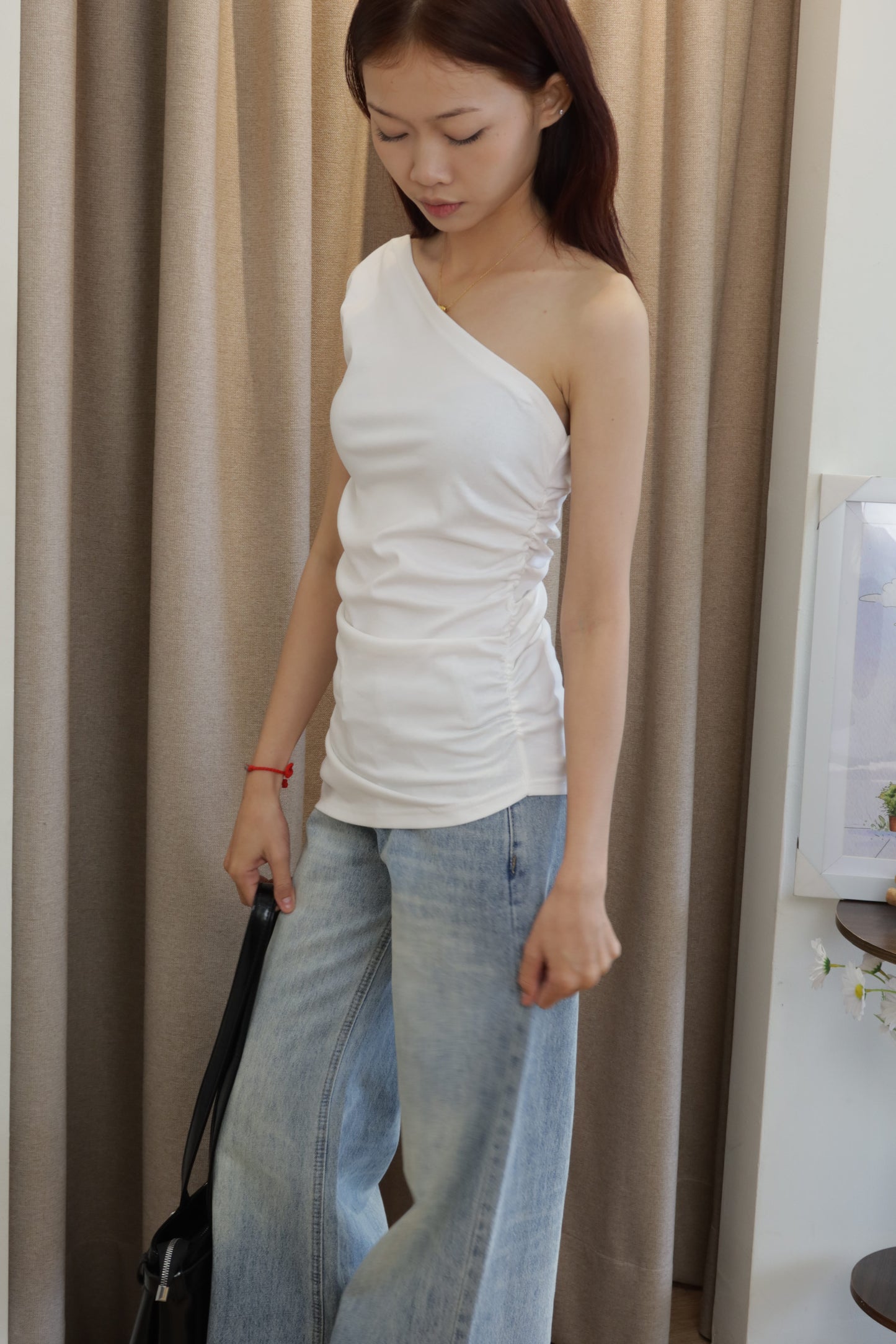 White waist cinch off shoulder