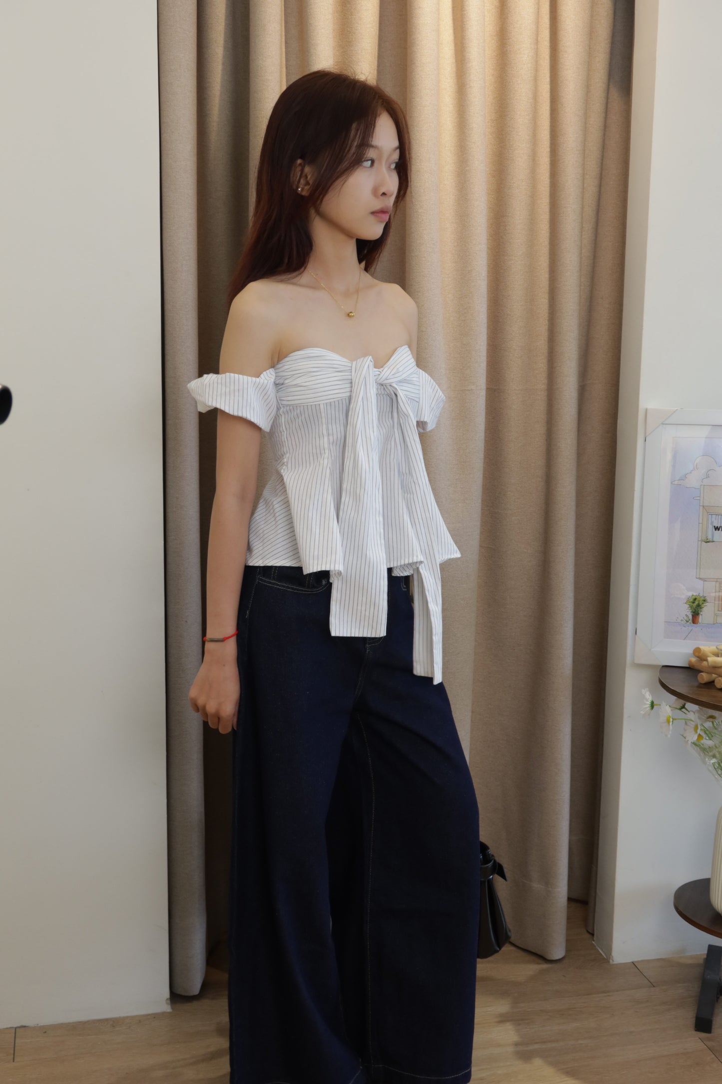 Checkered flowy off shoulder