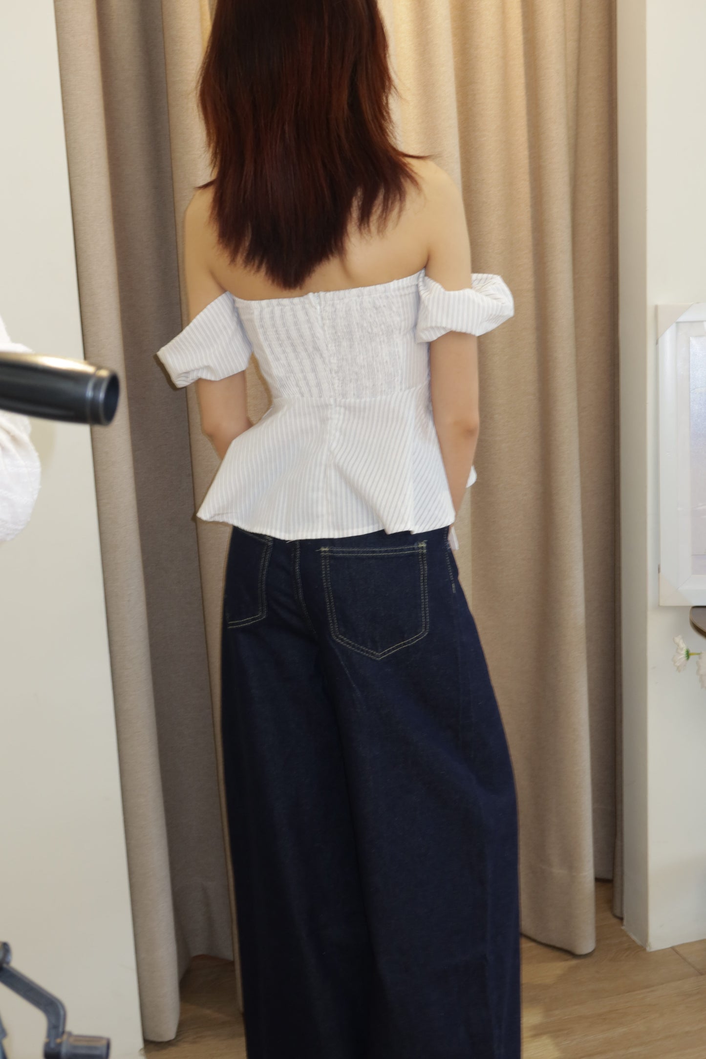 Checkered flowy off shoulder