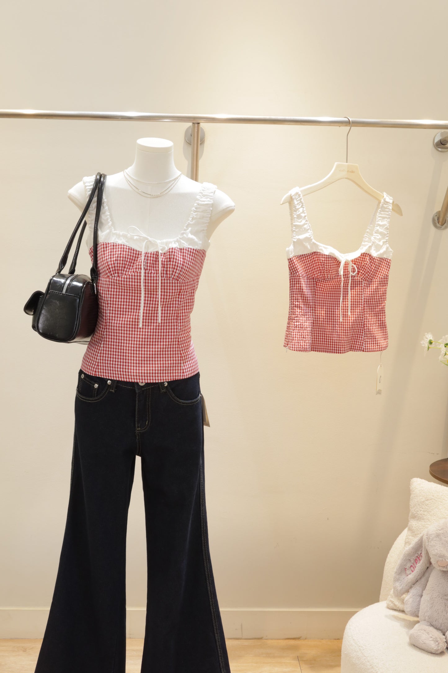 Red gingham white accent top
