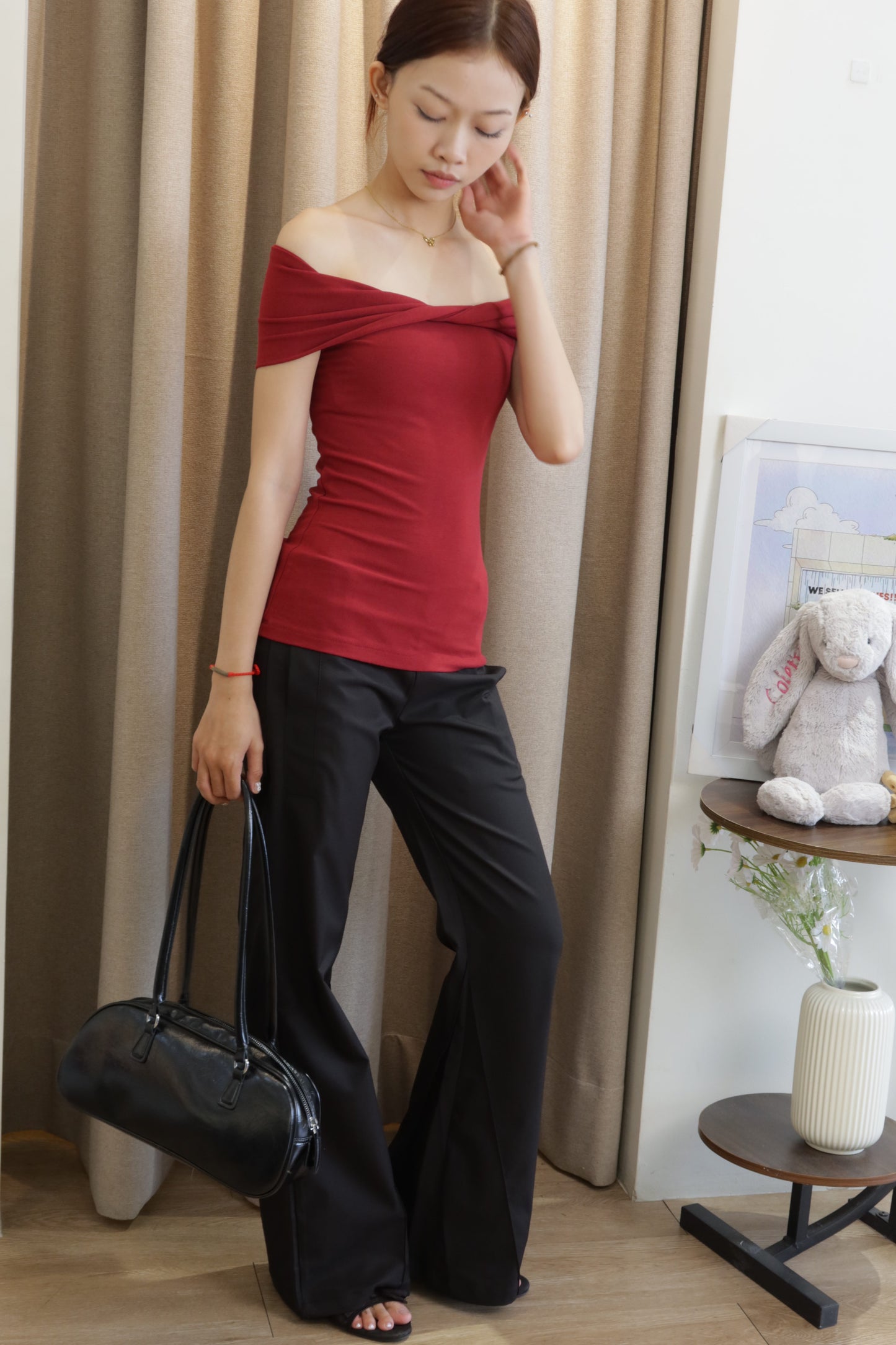Red mid twist off shoulder
