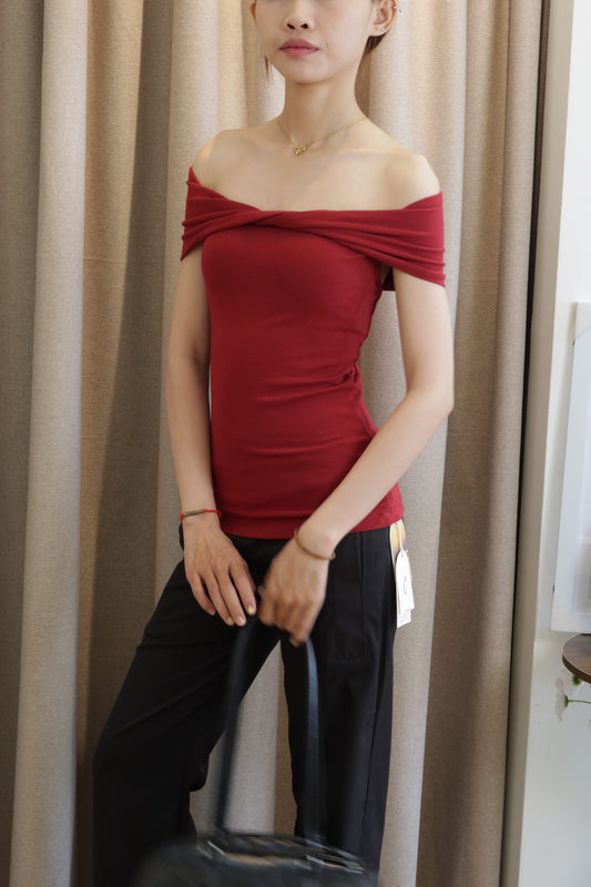 Red mid twist off shoulder