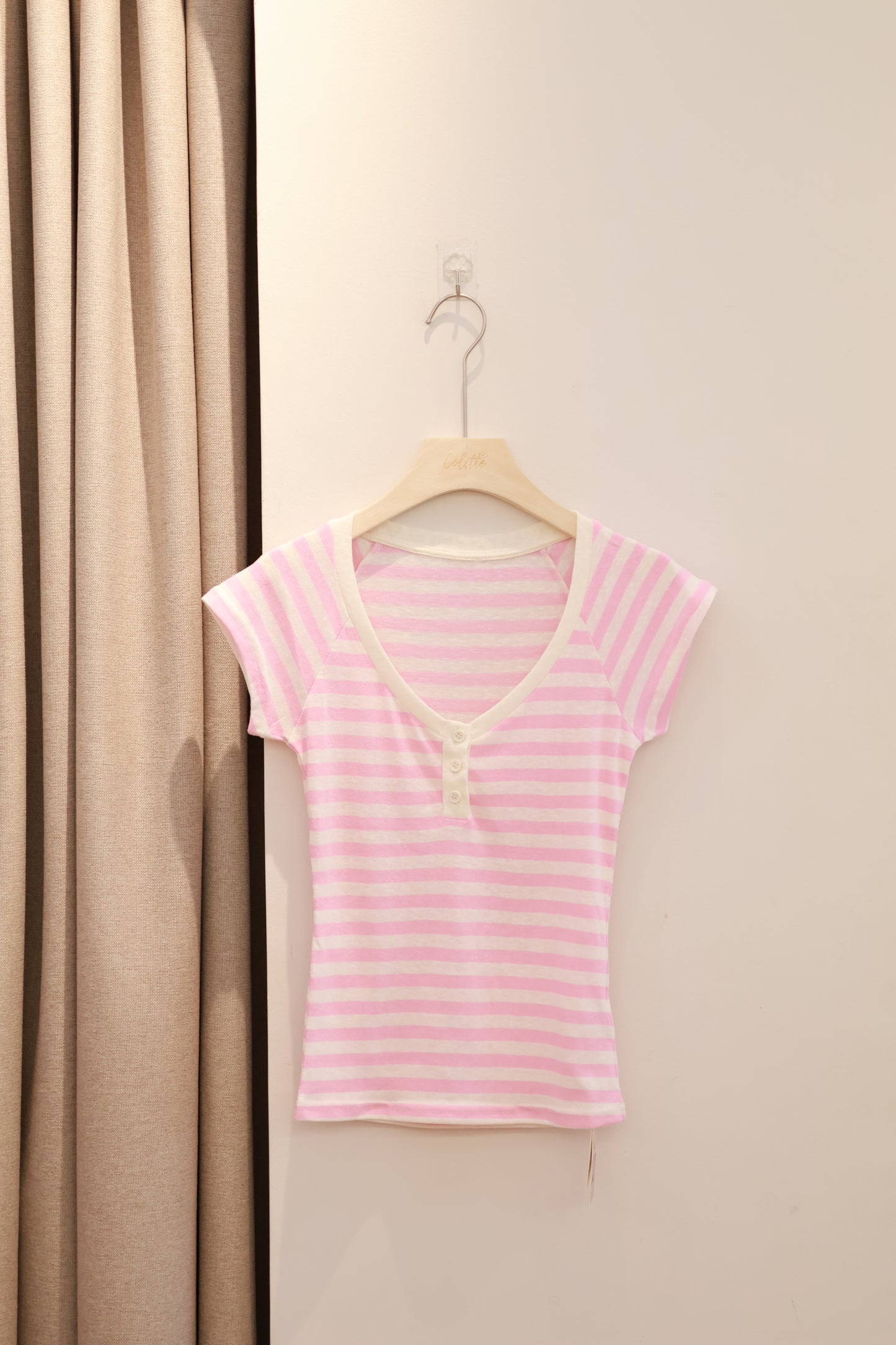 AUD V-Neck Striped Short Sleeve Top - Pink