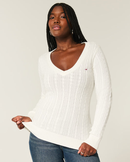 HOLLISTER Cable-Knit Icon V-Neck Sweater