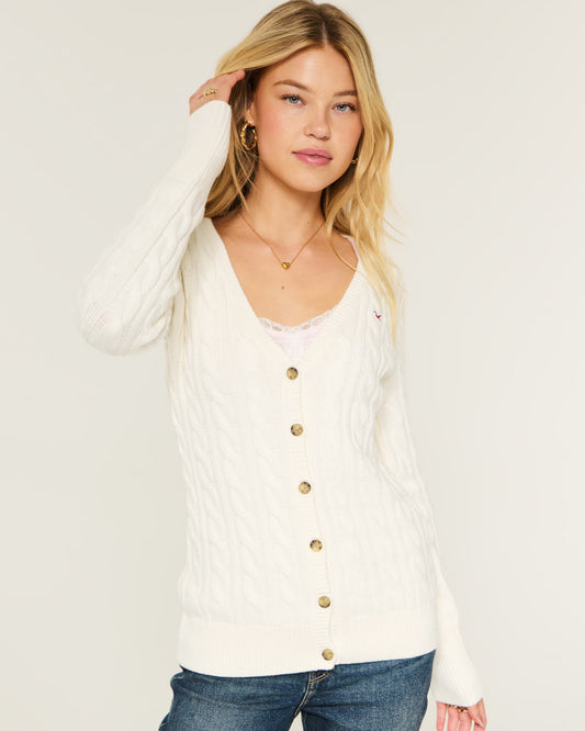 HOLLISTER Cable Knit Icon V-Neck Cardigan — Cloud White