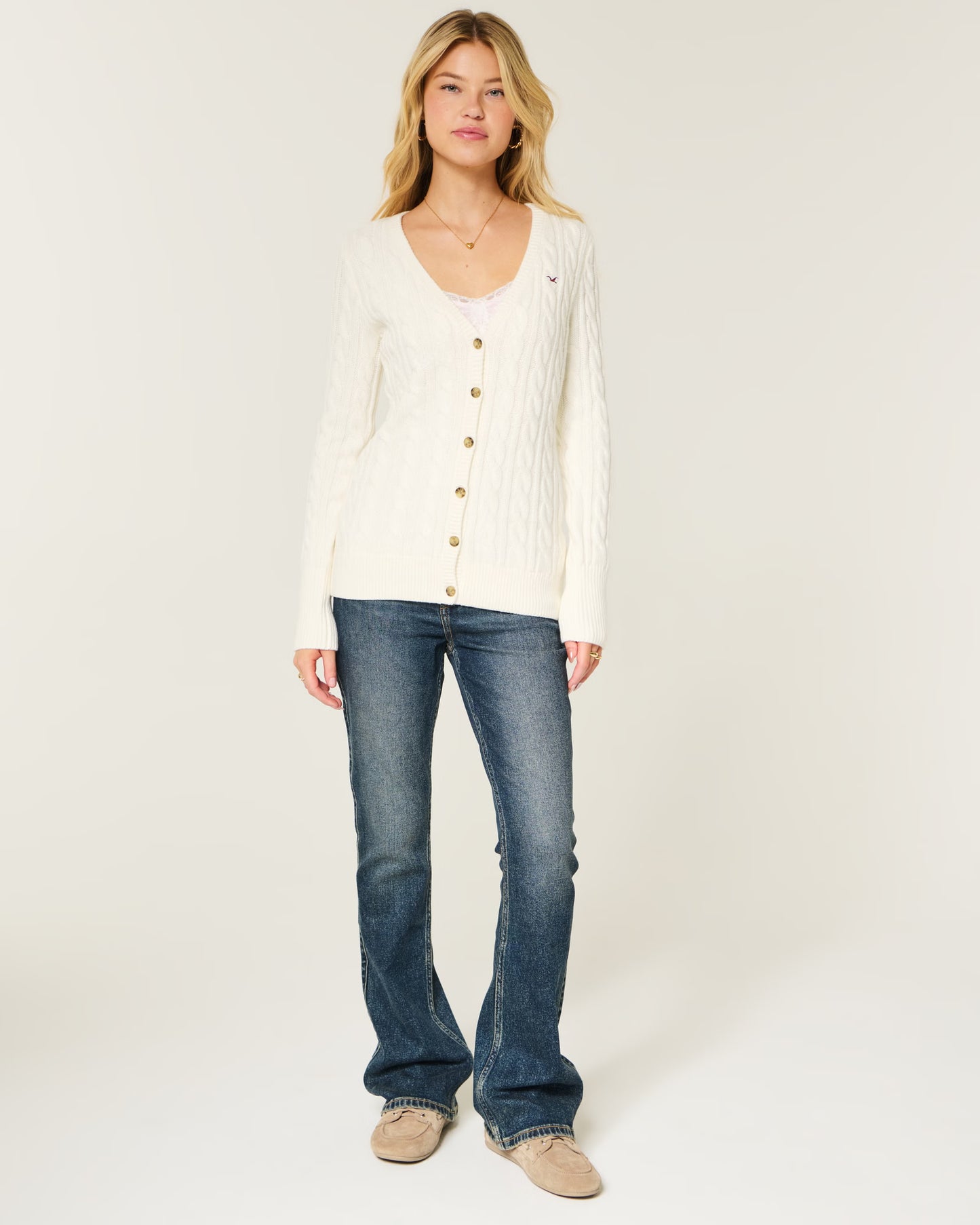 HOLLISTER Cable Knit Icon V-Neck Cardigan — Cloud White