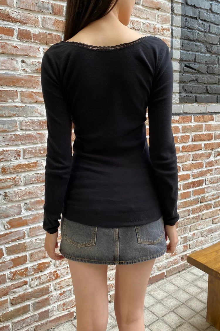BRANDY Tania V-Neck Lace Top- LONG SLEEVE  -BLACK