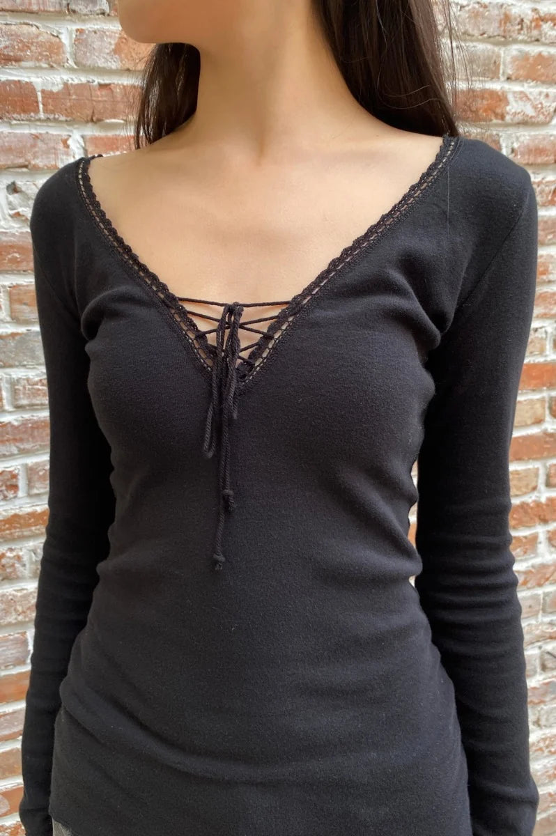 BRANDY Tania V-Neck Lace Top- LONG SLEEVE  -BLACK