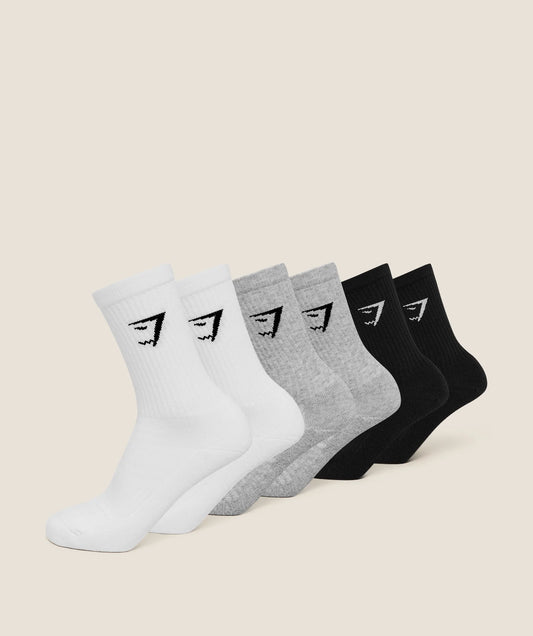 Gymshark Crew Socks 6pk — White/Light Grey/Black M