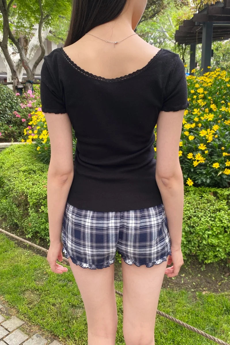 BRANDY Tania V-Neck Lace Top- SHORT SLEEVE  -BLACK