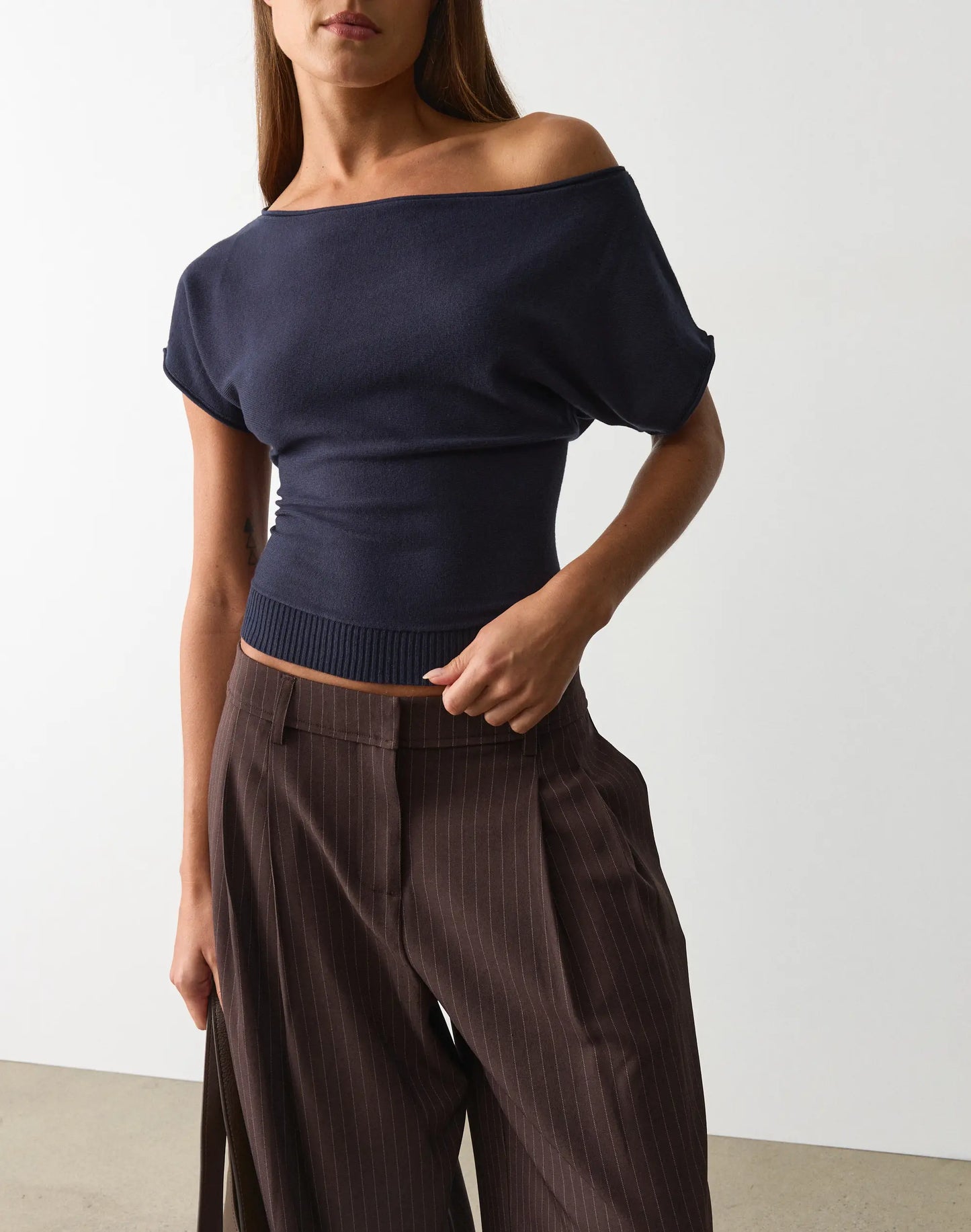 Glassons Off Shoulder Knit Top- NAVY