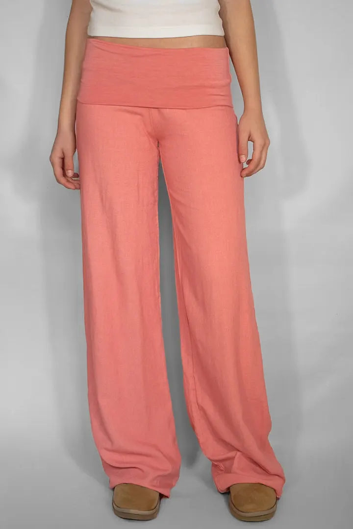 SUBDUED LINEN FOLD OVER PANTS (CORAL)