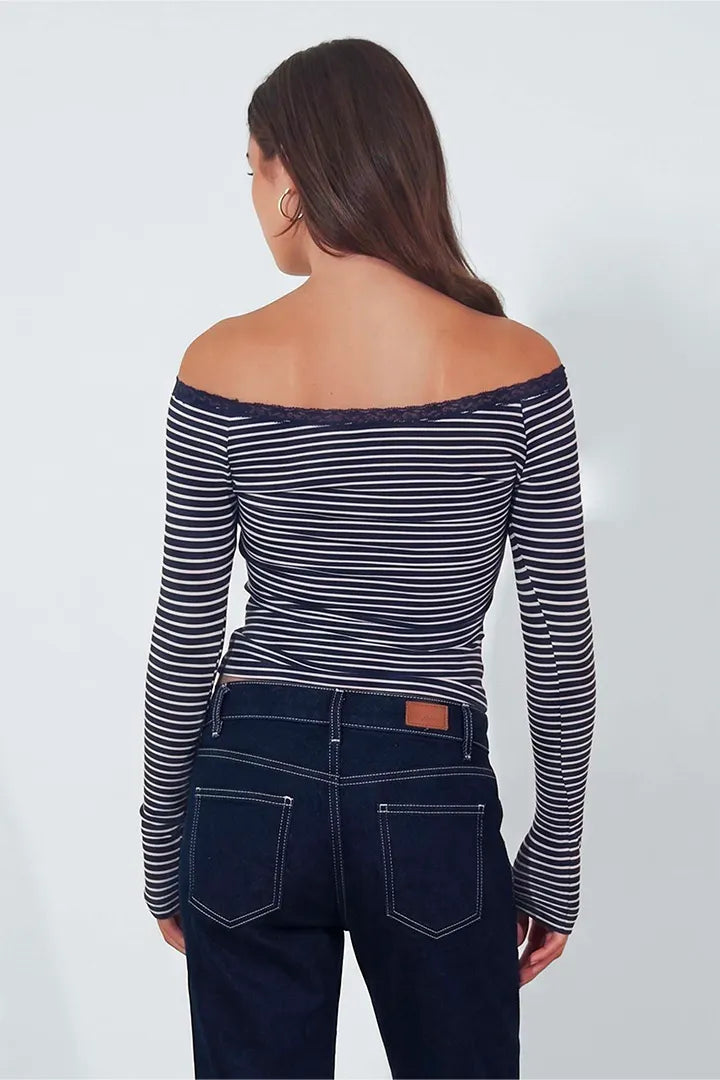 SUBDUED Off-Shoulder Striped Long Sleeve Top